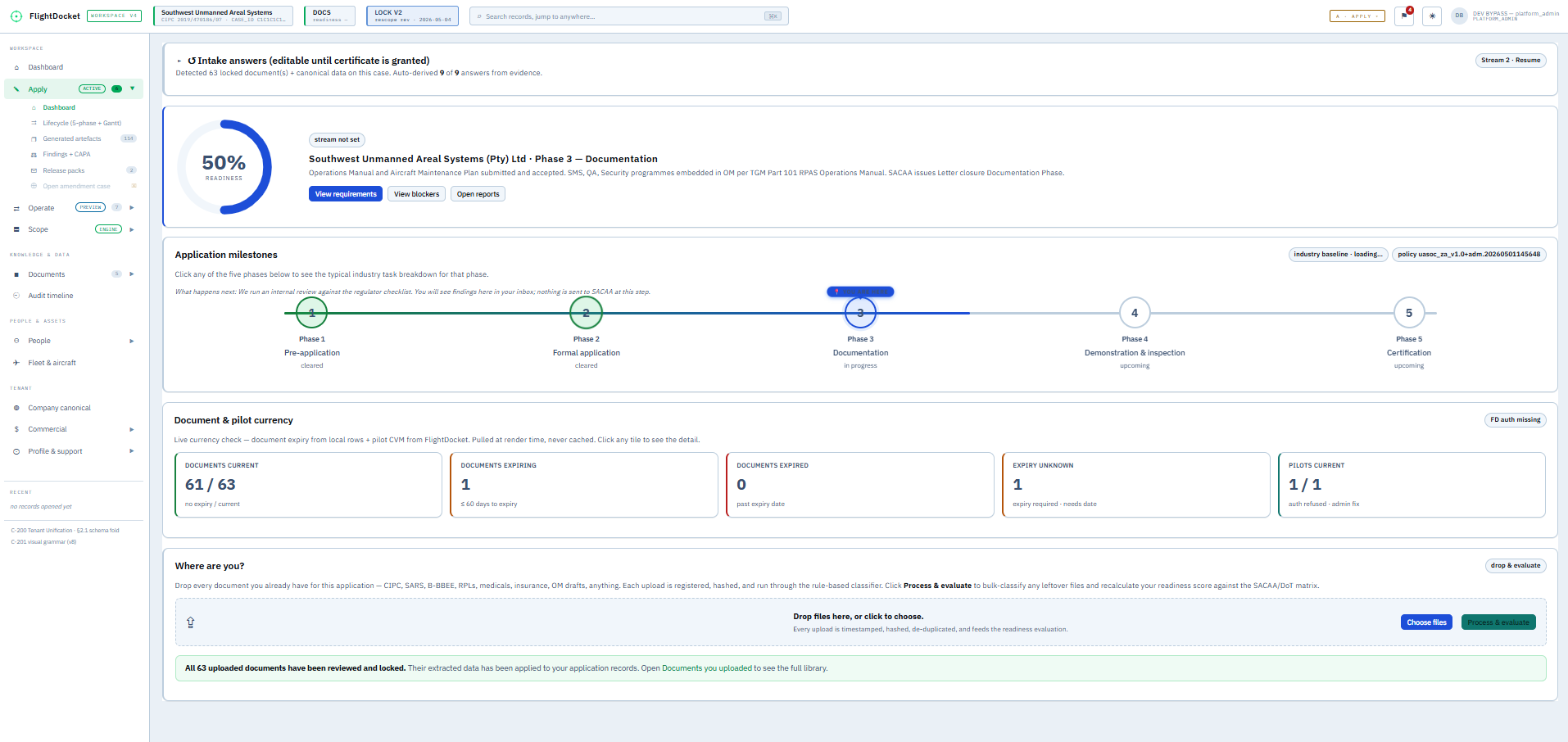 FlightDocket Apply applicant workspace showing the 5-phase application milestone strip, document and pilot currency metrics, and the guided 'where are you?' position panel.